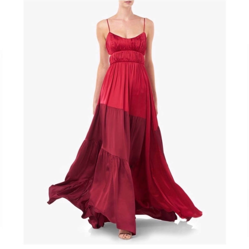 AMUR Red Silk Maxi Dress Tiered Pleated Open Back Gown ~ Stunning! $698